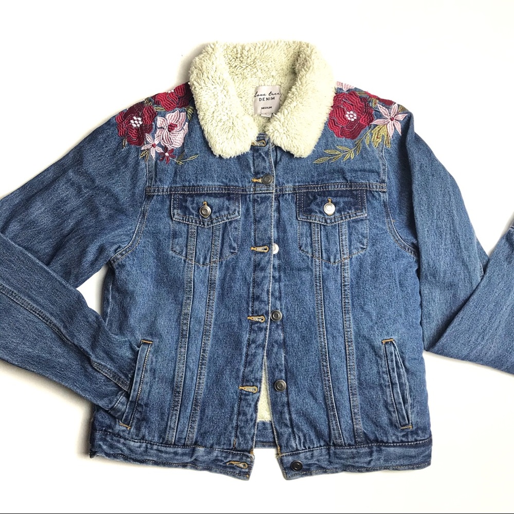 Love Tree Embroidered Sherpa Lined Denim Jacket